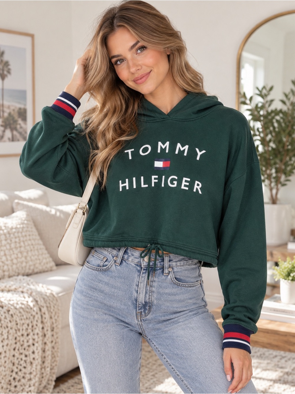Tommy Hilfiger Sport Cropped Drawstring Fleece Pullover Hoodie - Medium